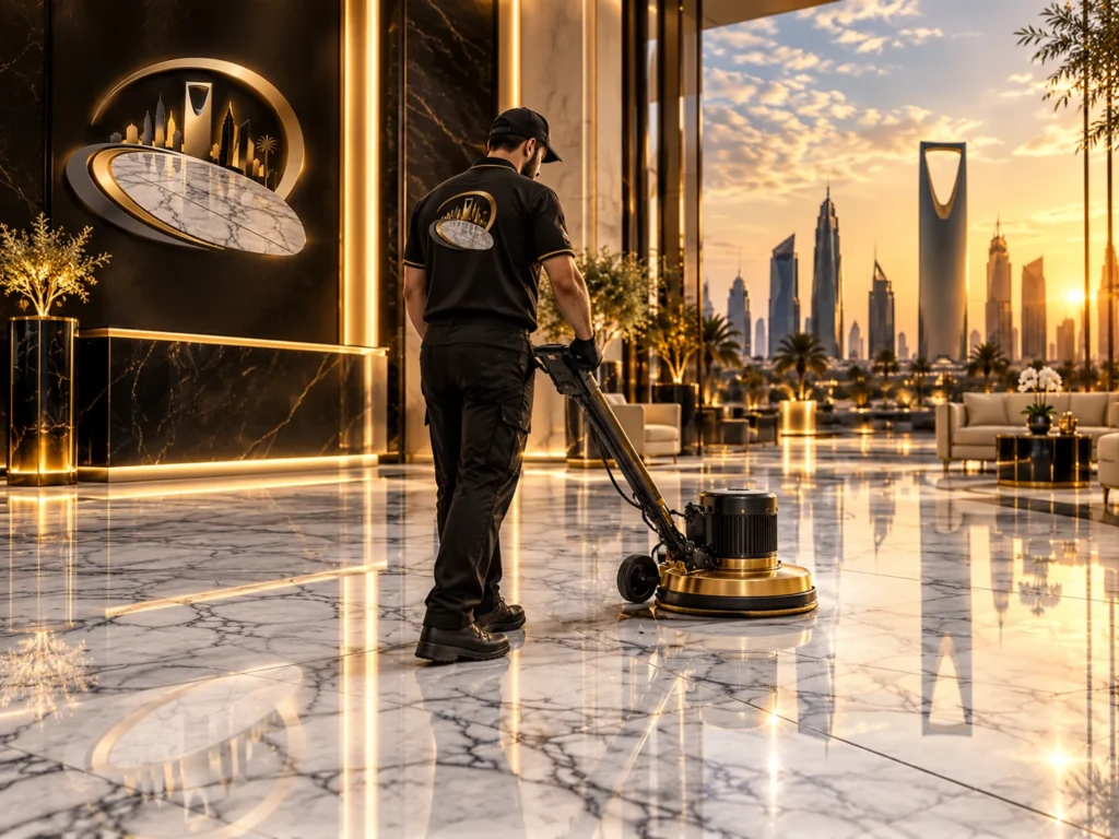 Professional technician polishing a marble floor in Riyadh